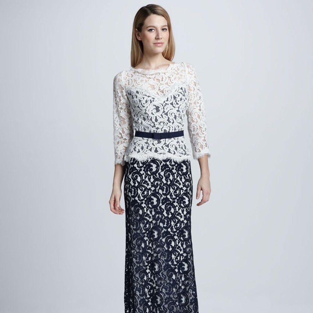 Elegant Tadashi Shoji Formal Illusion Lace Two-Tone Cream Black Gown W/ Train 8